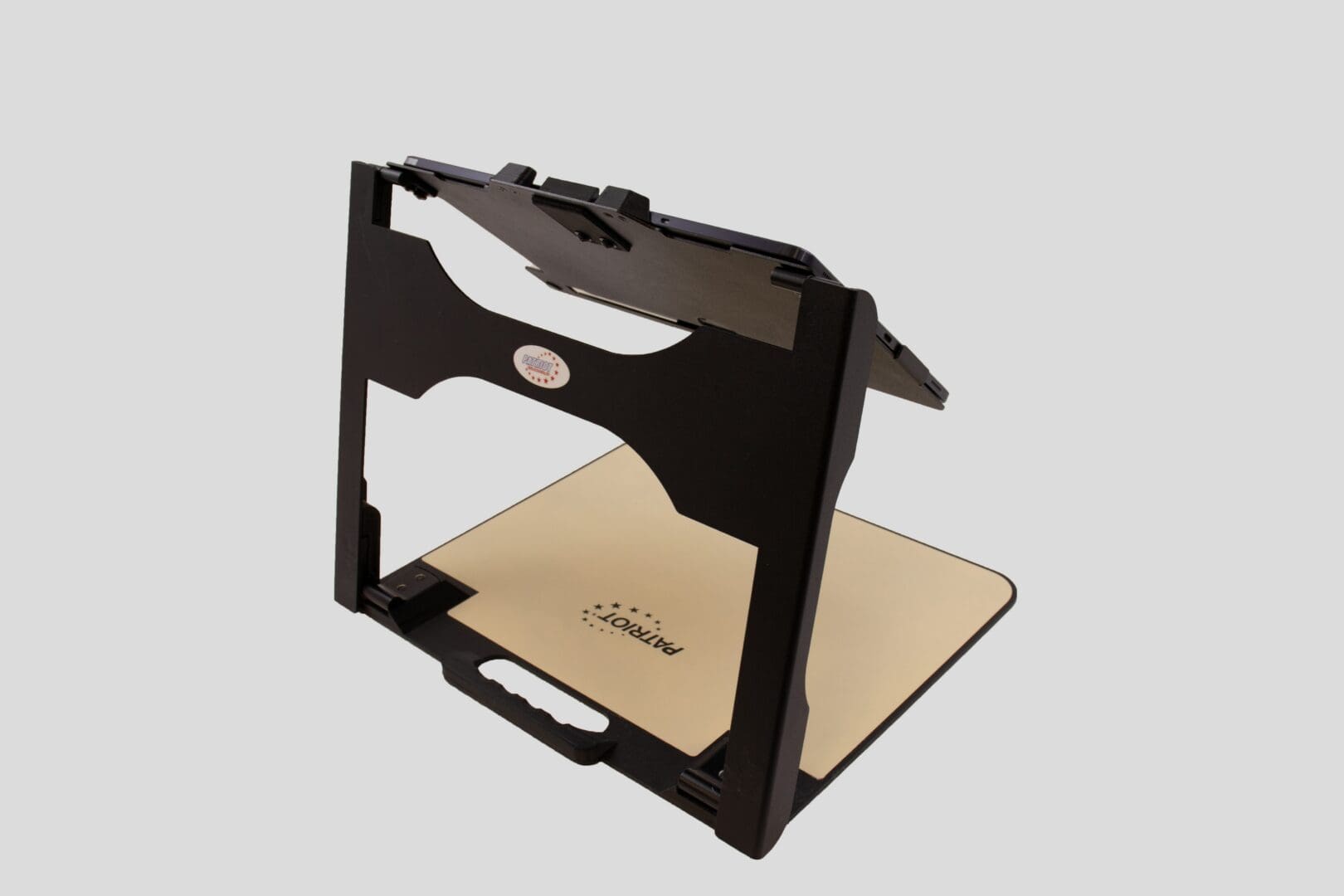 Foldable wooden laptop stand with a beige base and black frame.
