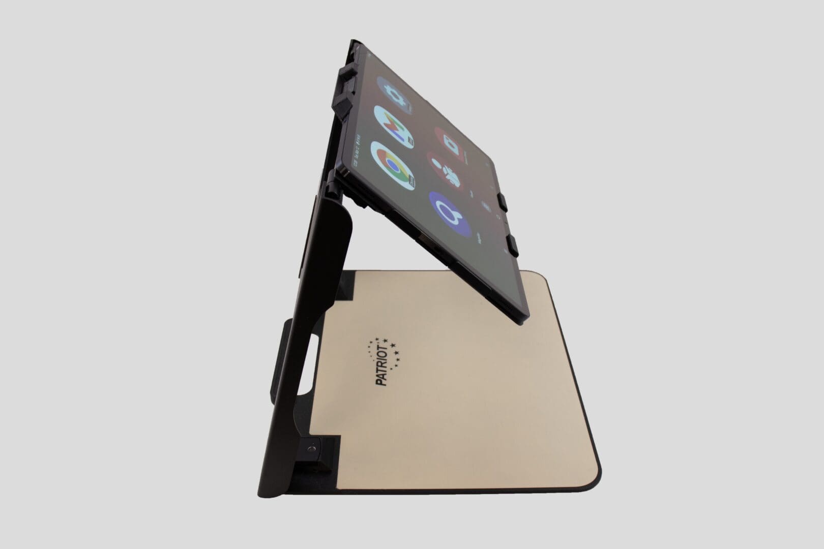 A sleek, modern tablet stand holding a tablet at an angle.