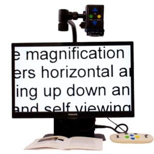 Electronic magnifier displaying enlarged text for easier reading.