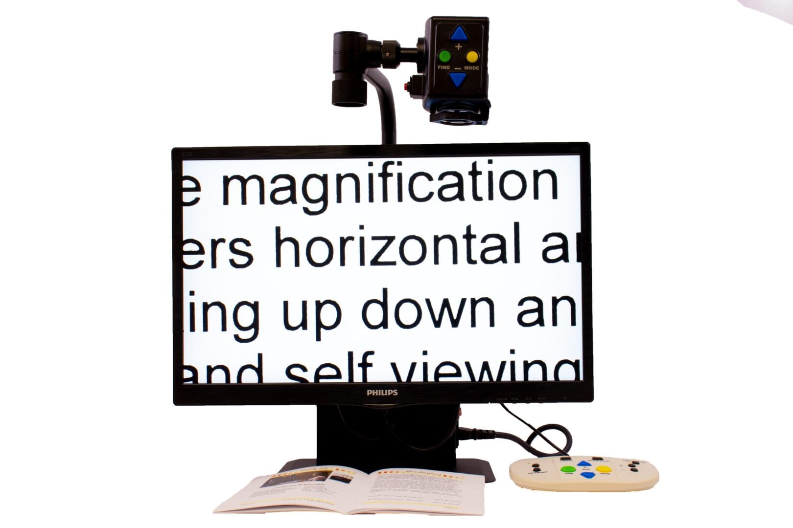 Electronic magnifier displaying enlarged text for easier reading.