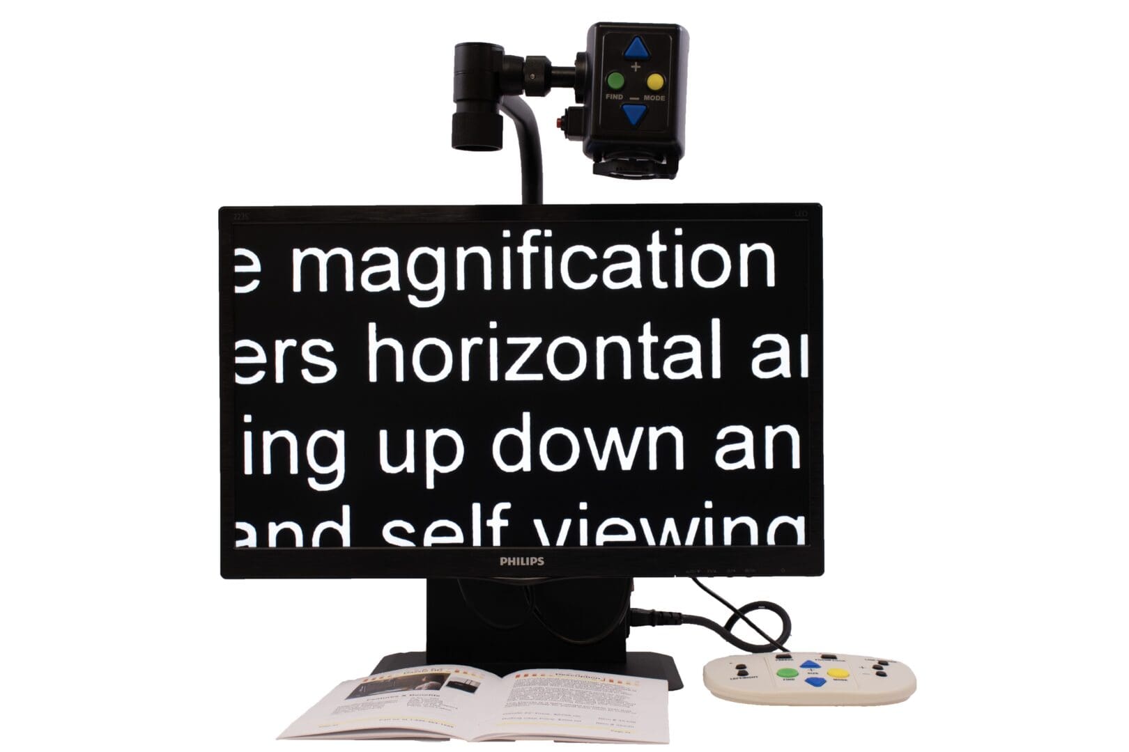 Magnification device enlarges text on a screen for easier reading.