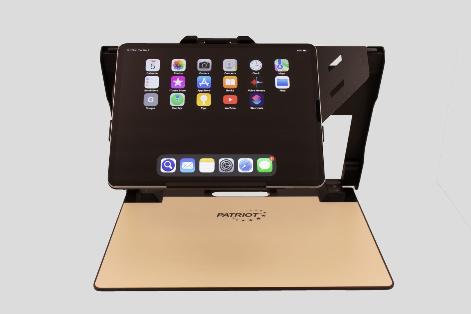 Tablet mounted on an adjustable stand with a golden base.