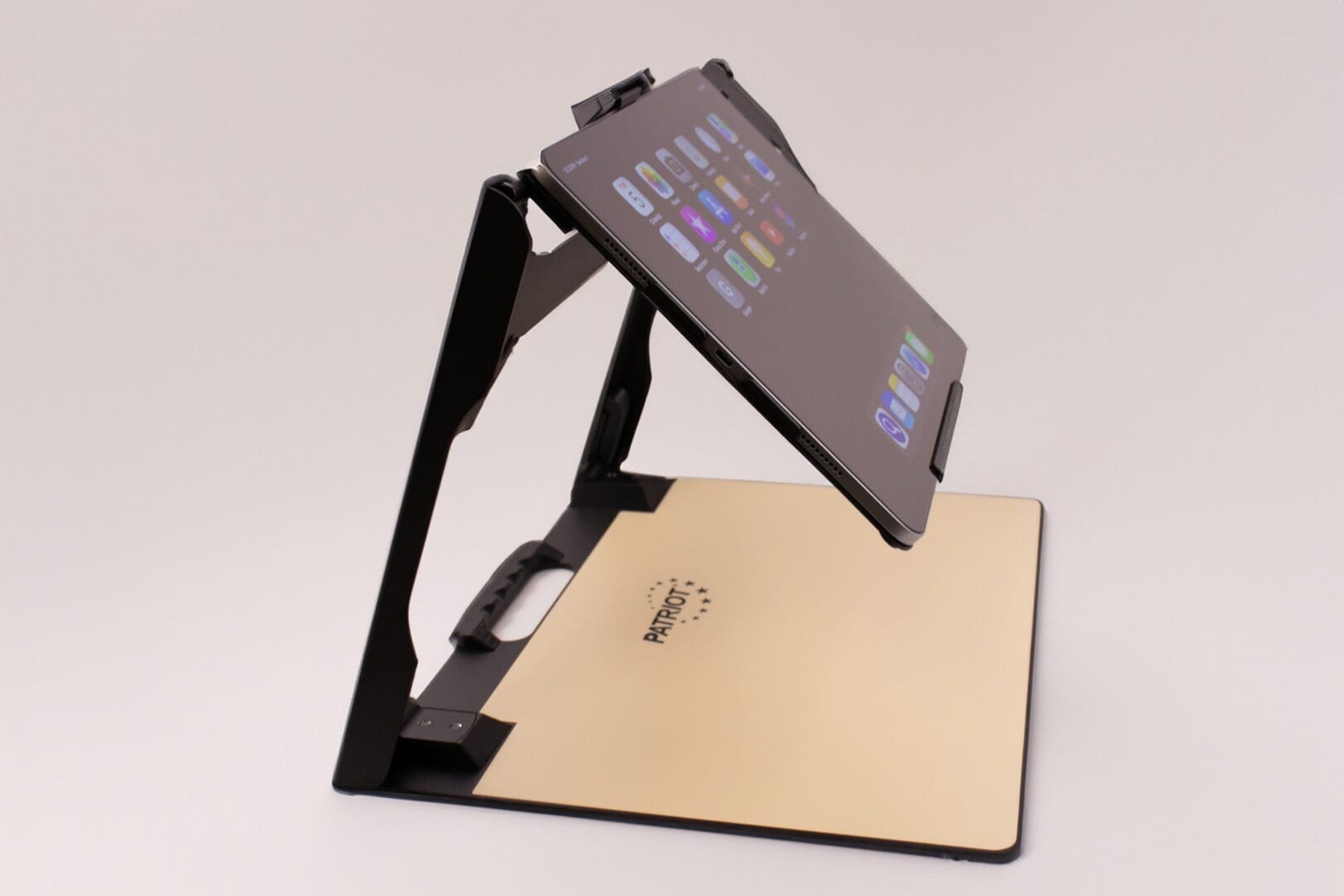 Adjustable stand holding a tablet with a colorful screen.