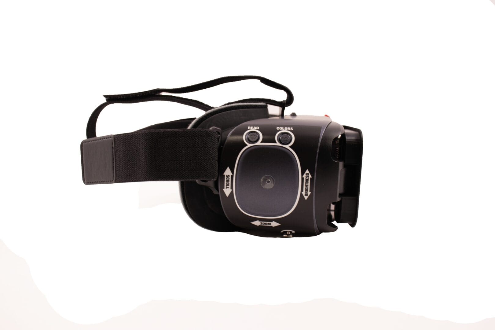 A black virtual reality headset with adjustable straps.