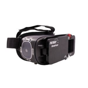 Black VR headset with adjustable straps and built-in camera.