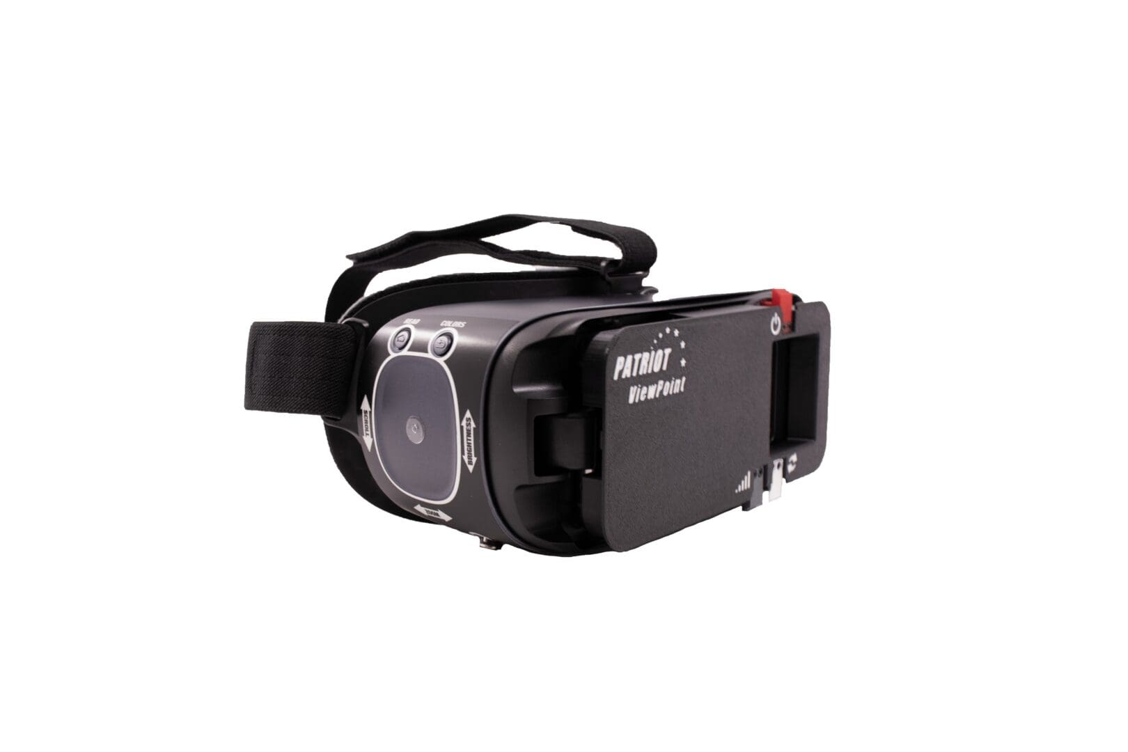 Black VR headset with adjustable straps and built-in camera.