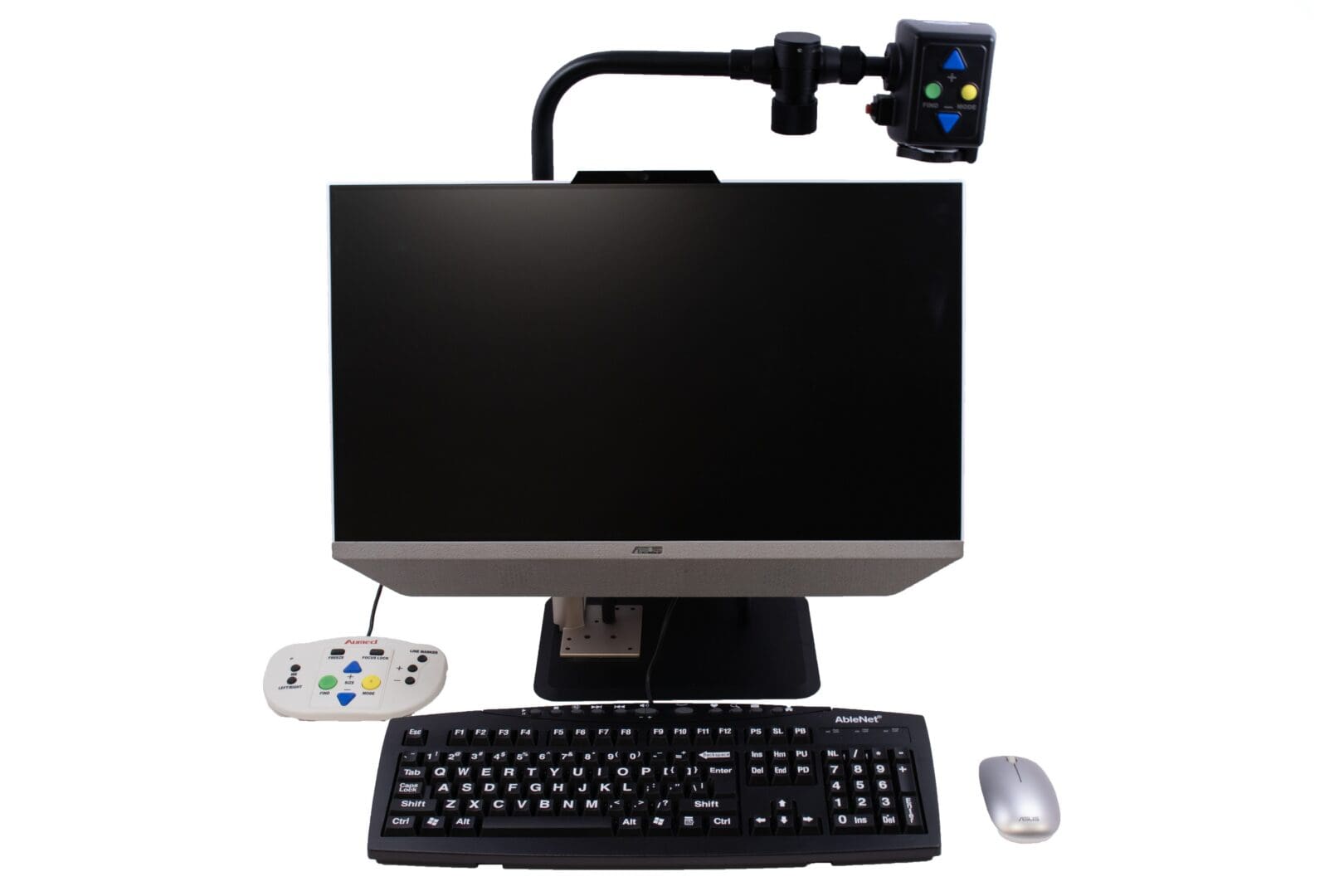 A desktop computer setup with monitor, keyboard, mouse, remote, and a camera mounted.