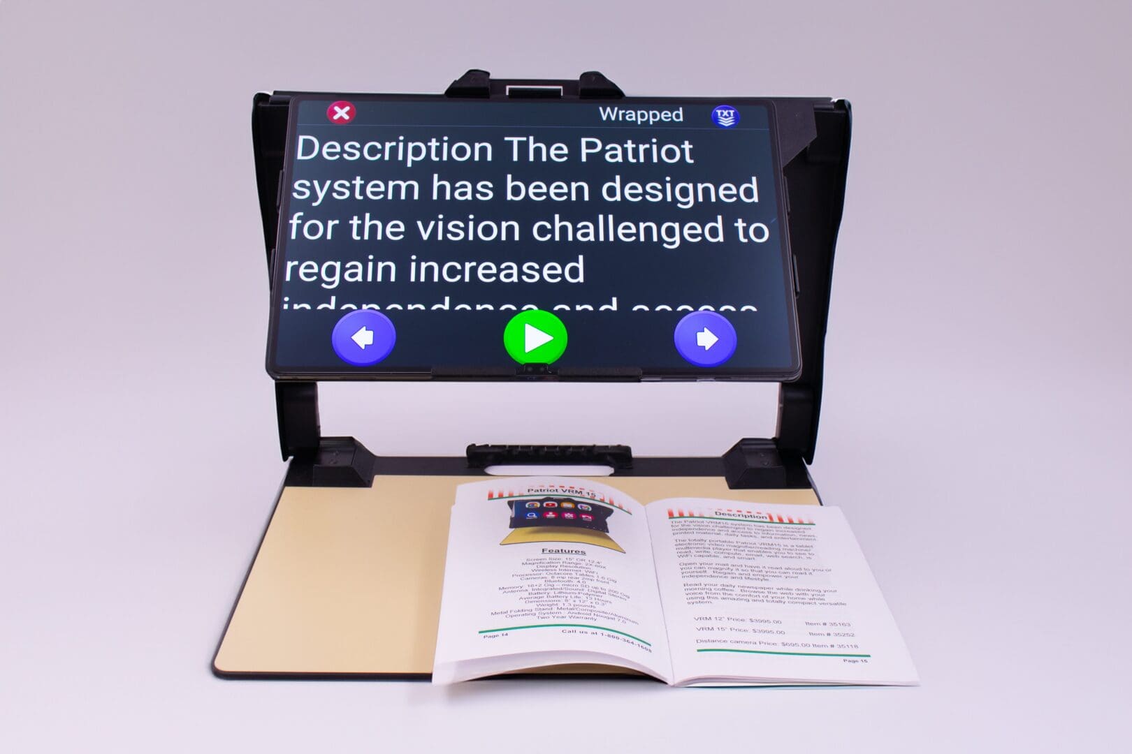 A tablet displays text with an open book beneath it on a black stand.