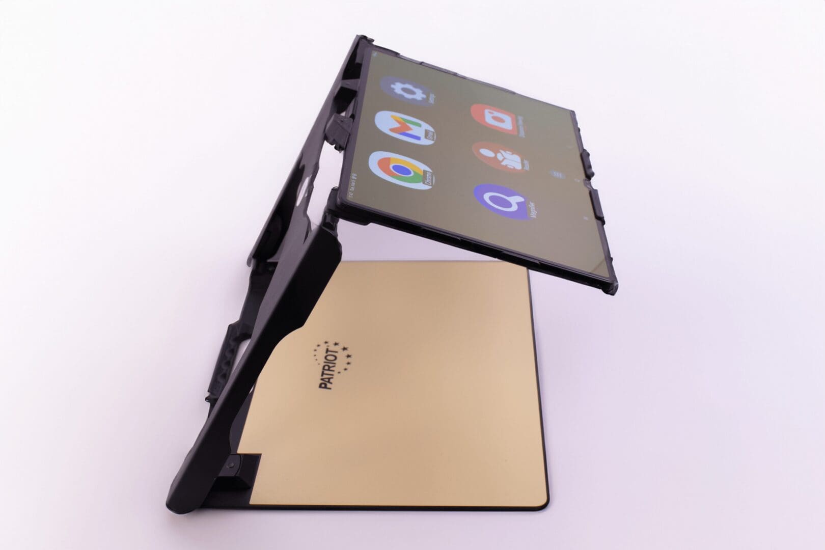 Foldable smartphone with apps open and gold back cover.